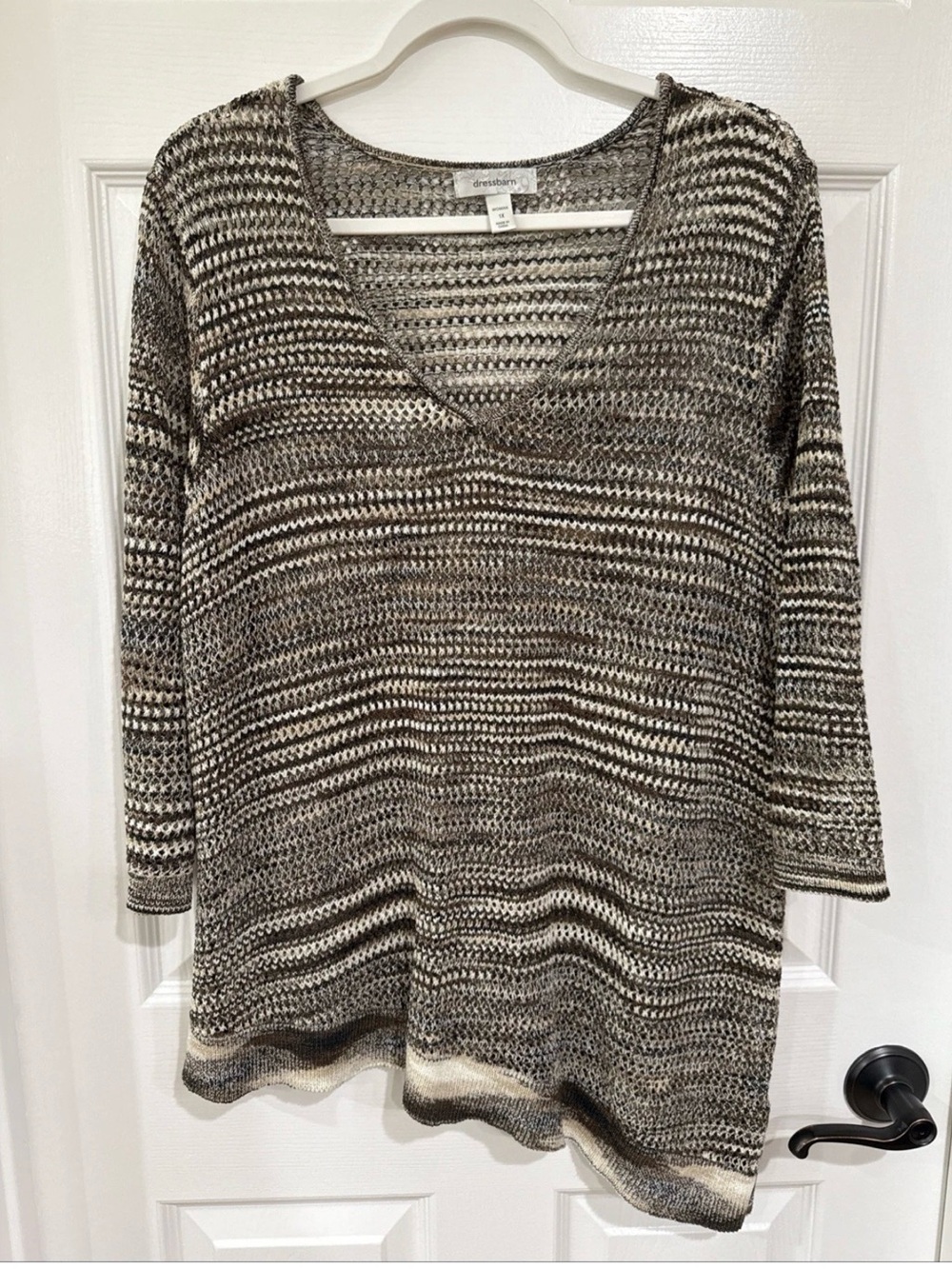 Dressbarn Women's 1X 3/4 Sleeve V-Neck Open Knit Sweater Brown Multi